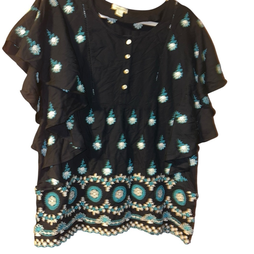 Sundance Navy Embroidered Ruffle Sleeve Blouse Top Tapestry Stories tunic size S